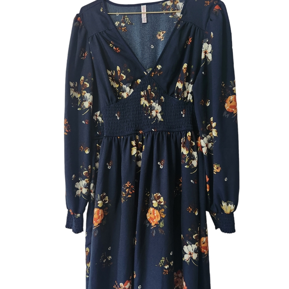 Xhilaration Women's Floral Print V-Neck Smocked Waist Dress, Size M